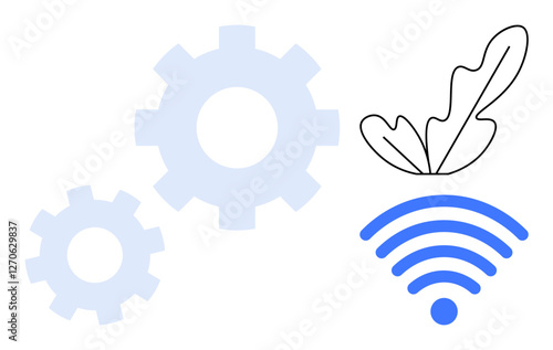 Two gears in light blue adjacent to a black outlined leaf and a blue wireless signal. Ideal for themes of innovation, connectivity, nature, technology, sustainability, green energy, modern solutions