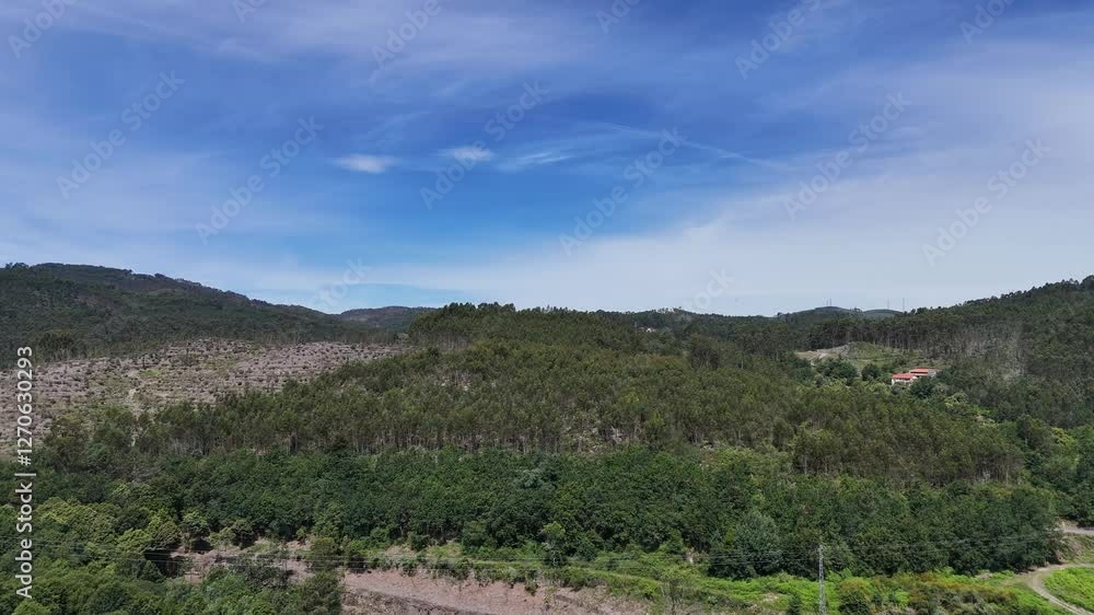 Aerial view of lush green hills and forests in the Minho region, northern Portugal Aerial view of lush green hills and forests in the Minho region, northern Portugal