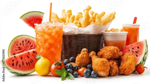 Fototapeta Naklejka Na Ścianę i Meble -  Fried chicken crispy fries watermelon slices and refreshing juices with fruits and vegetables on a white background. Generative AI