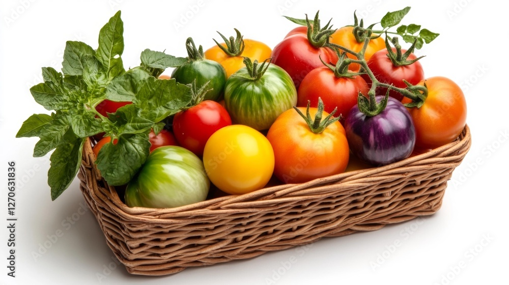 Basket Full of Fresh Colorful Tomatoes. Generative AI Basket Full of Fresh Colorful Tomatoes. Generative AI