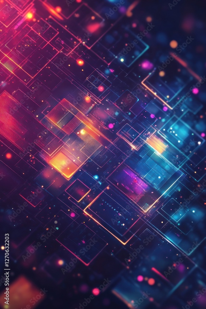 Colorful abstract digital background with glowing geometric shapes and bokeh effects illustrating modern technology Colorful abstract digital background with glowing geometric shapes and bokeh effects illustrating modern technology