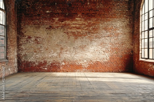 Wallpaper Mural Empty loft, brick wall, wood floor, sunlight, urban backdrop Torontodigital.ca