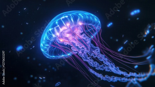 Spectacular jellyfish display underwater scene marine life deep ocean close-up view bioluminescence concept