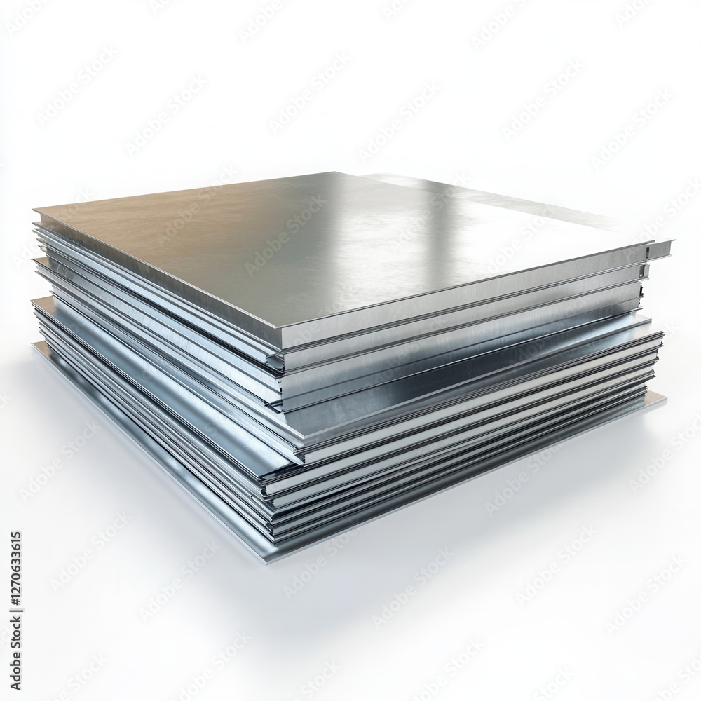 Stack of polished metal sheets in industrial setting. Stack of polished metal sheets in industrial setting.