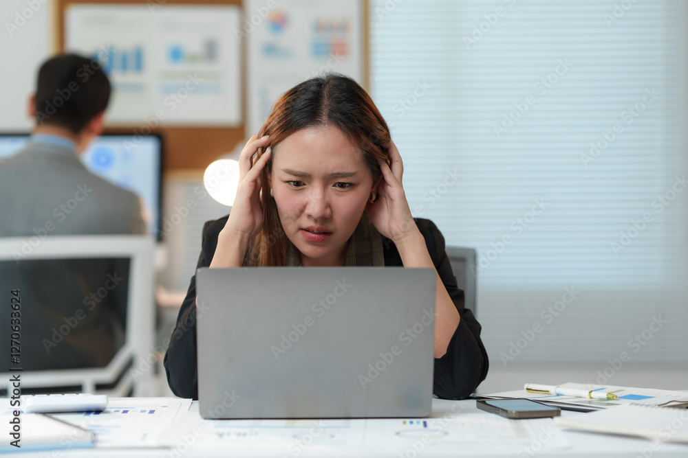 Young professional woman suffering from headache while using laptop computer at workplace, feeling tired and overworked, having migraine, exhausted businesswoman experiencing burnout Young professional woman suffering from headache while using laptop computer at workplace, feeling tired and overworked, having migraine, exhausted businesswoman experiencing burnout