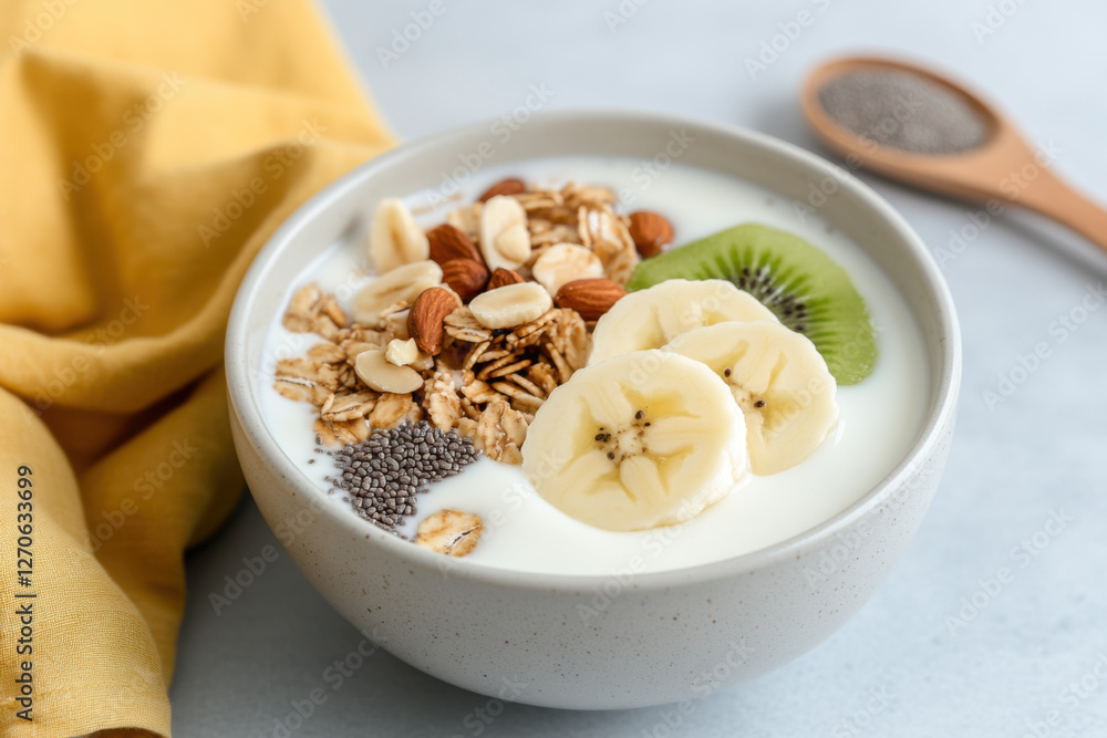 Bowl of yogurt decorated with sliced banana, kiwi, granola, almonds and chia seeds for healthy breakfast Bowl of yogurt decorated with sliced banana, kiwi, granola, almonds and chia seeds for healthy breakfast