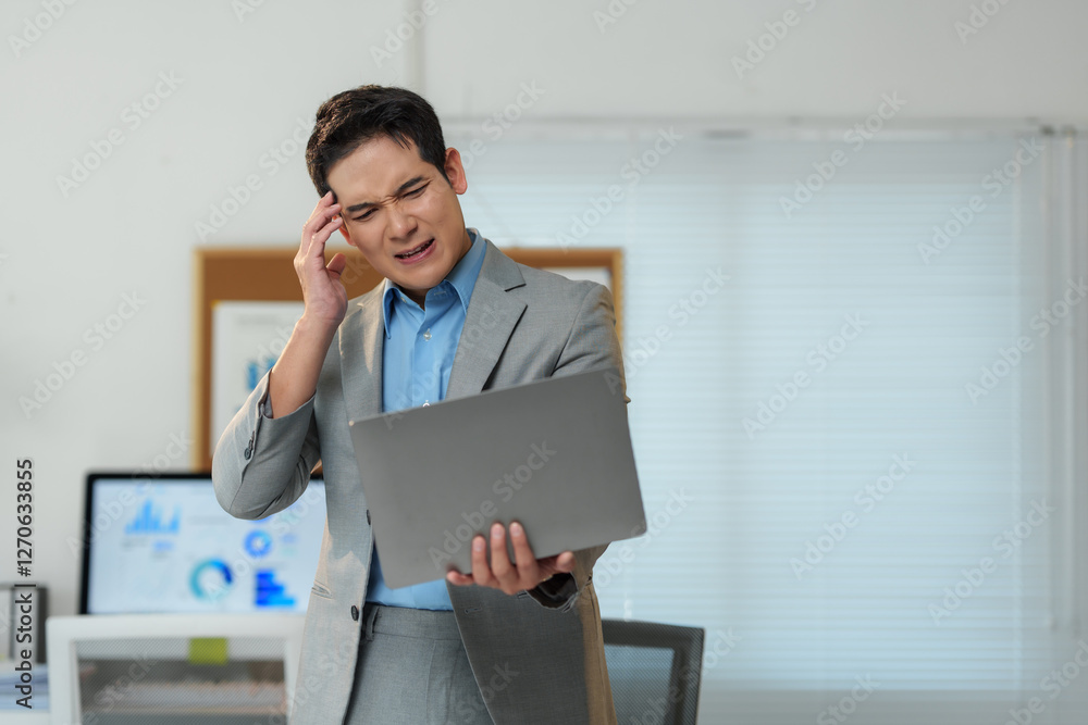 Young businessman suffering from headache while using laptop, touching his head and feeling tired from overwork, exhausted man working with computer in office Young businessman suffering from headache while using laptop, touching his head and feeling tired from overwork, exhausted man working with computer in office