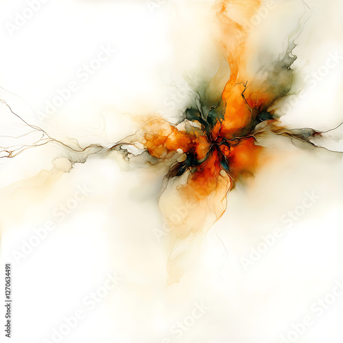 Ethereal Ink Flow Abstract Composition in Orange and Deep Green Shades Modern Art Expression