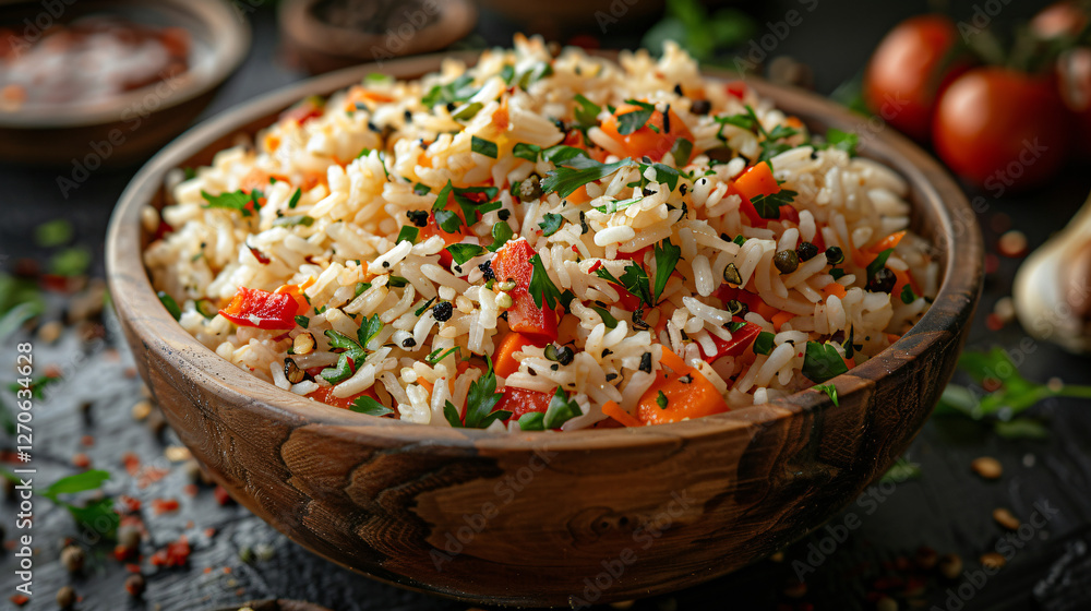 Rice garnish in bowl with carrot tomatoes and green coriander Rice garnish in bowl with carrot tomatoes and green coriander