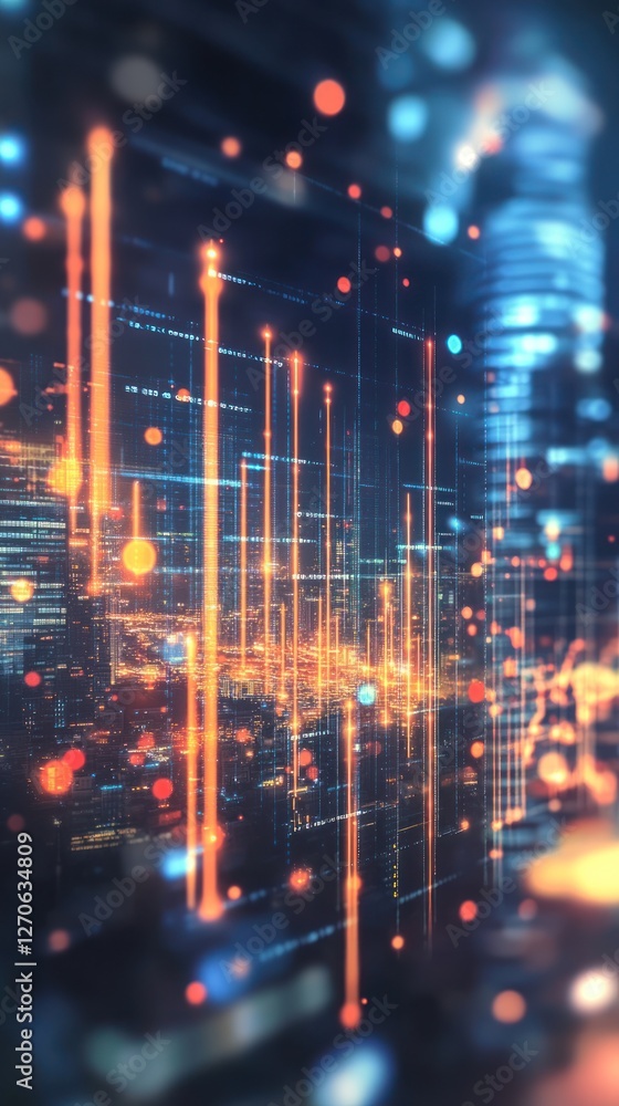 Fototapeta premium Abstract cityscape with glowing data visualization