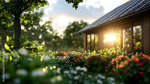 Modern House with Solar Panels Surrounded by Greenery and Blooming Garden at Sunset