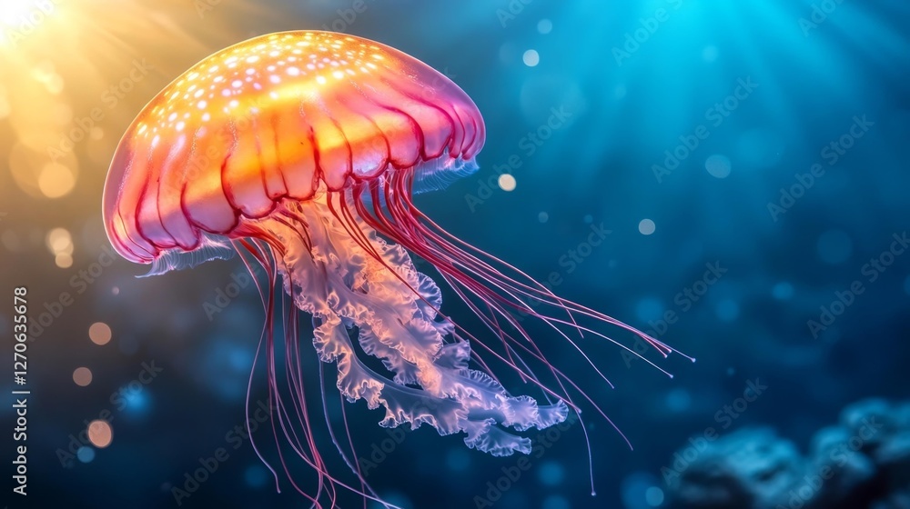 Vibrant Jellyfish Gliding Through Ocean Waters With Glowing Tentacles. Generative AI Vibrant Jellyfish Gliding Through Ocean Waters With Glowing Tentacles. Generative AI