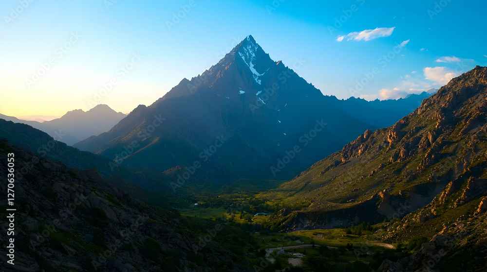 Fototapeta premium Mountain Landscape with a Blue Sky Green Valley and Rocky Peaks