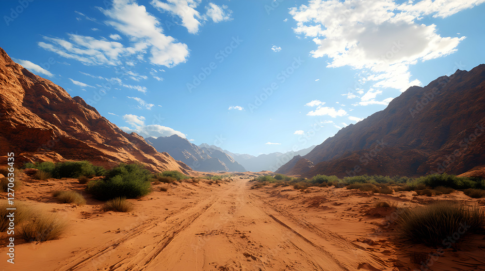 Naklejka premium Sweeping Desert Landscape with Red Rock Mountains and Blue Sky on Sunny Day