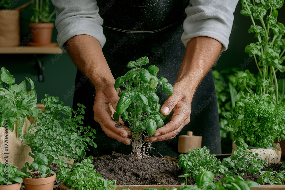 Fototapeta premium Close-up view of hands planting a young herb into fresh garden soil, with small seedlings and green plants in the background.