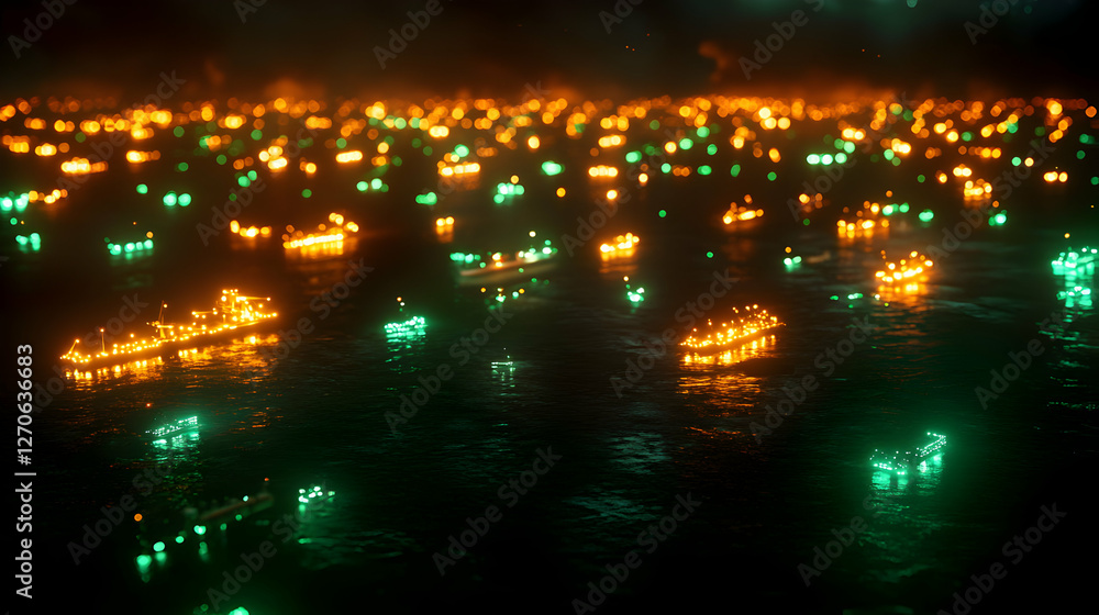 Fototapeta premium Nighttime Cityscape with Glowing Reflections on Water Surface in Dark Backdrop