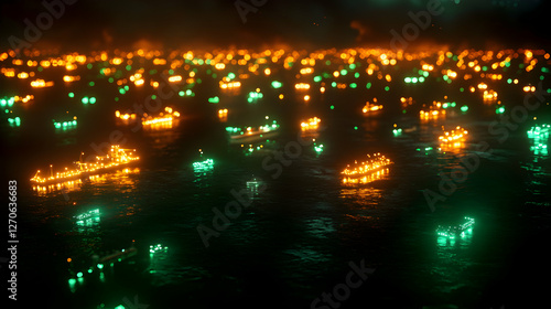 Nighttime Cityscape with Glowing Reflections on Water Surface in Dark Backdrop