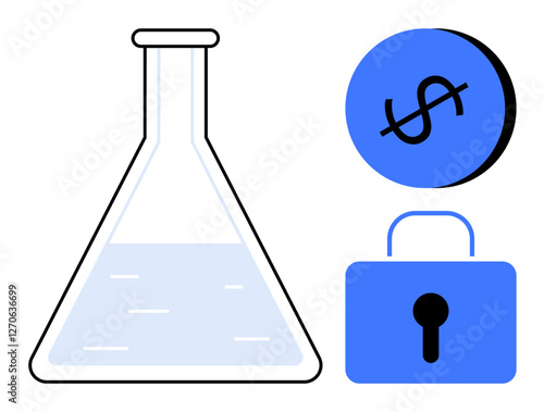 Laboratory flask with liquid, blue dollar sign, and padlock. Ideal for science funding, secure investments, financial safety, research grants, innovation protection, economic stability secure