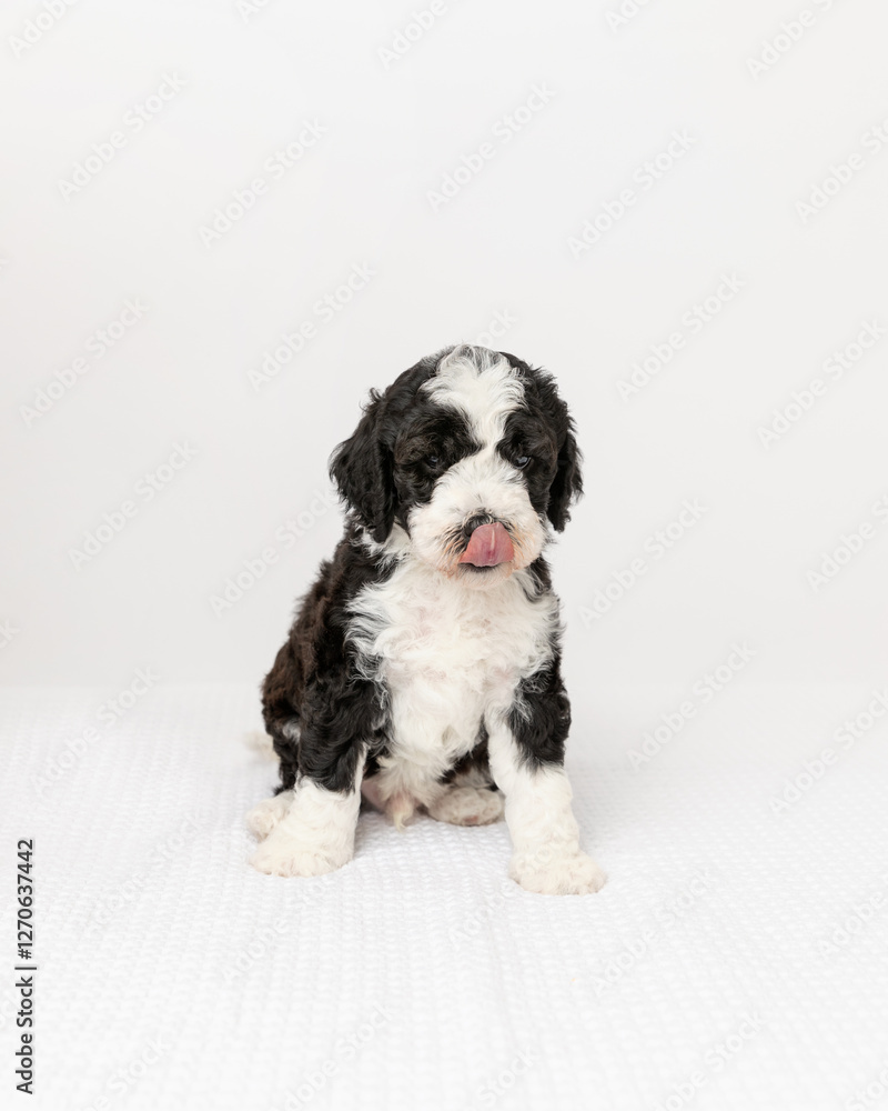 Fototapeta premium australian labradoodle puppy in studio with white background