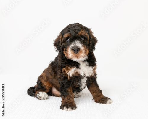 australian labradoodle puppy in studio with white background photo