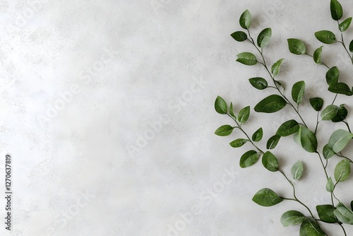 Greenery on grey background, copy space, flatlay