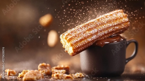 Churros with chocolate sauce and sugar powder on black background. Generative AI photo