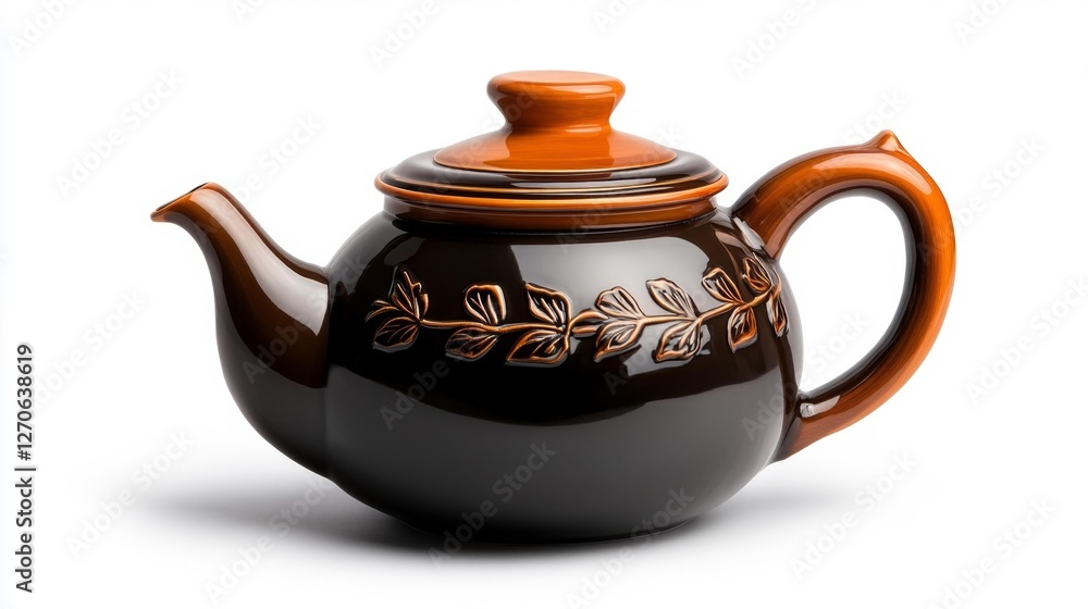 Ceramic Teapot with Leaf Design on White Background. Generative AI Ceramic Teapot with Leaf Design on White Background. Generative AI