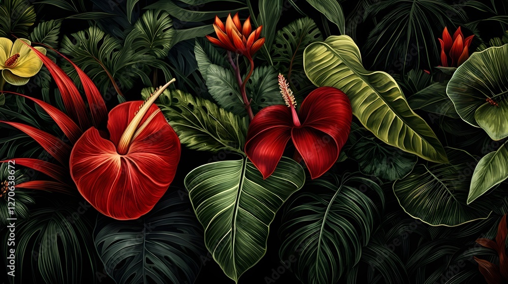 Obraz premium Seamless tropical botanical wallpaper design featuring a vibrant and lush arrangement of tropical leaves flowers and other verdant elements creating a captivating natural organic