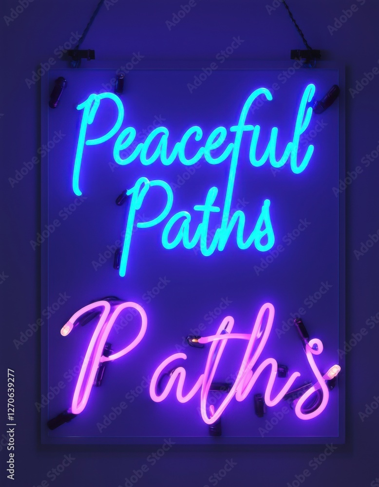 Neon sign with Peaceful Paths illuminated, featuring glowing winding trails and calm lights, bright and colorful, symbolizing serenity and tranquil journeys Neon sign with Peaceful Paths illuminated, featuring glowing winding trails and calm lights, bright and colorful, symbolizing serenity and tranquil journeys