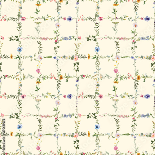 Seamless Diamond Floral Repeat Pattern with Small Ditsy Flowers. Charming Floral Tile Design. Vintage Floral Lattice, Illustration