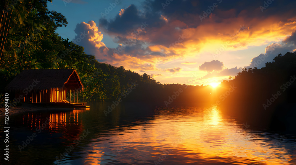 Fototapeta premium Tropical Landscape with Glowing Sunset Reflecting on Calm River Near Shoreline Cabin