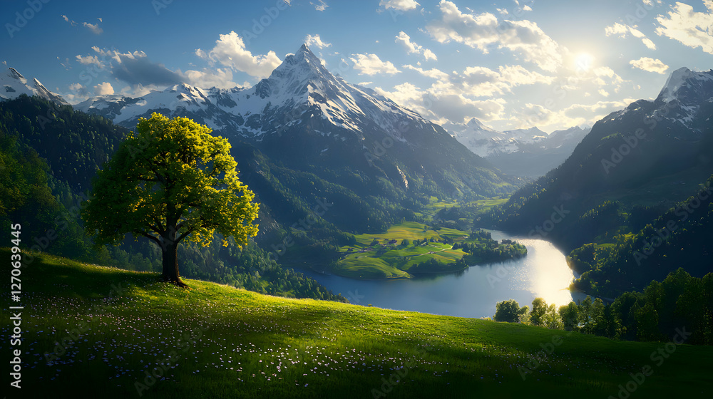 Obraz premium Picturesque Mountain Landscape with Lush Green Meadow and Tranquil Lake Under a Bright Sunny Sky