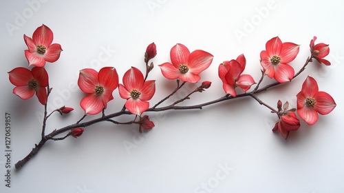 Red Dogwood Flower Branch Isolated on a White Background. Generative AI photo