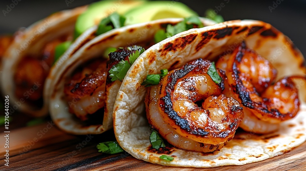 Fototapeta premium Shrimp tacos with grilled shrimp and cilantro in a warm tortilla. Generative AI