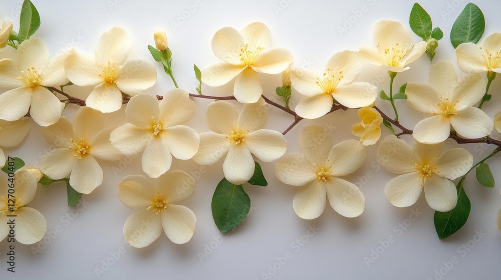Fototapeta premium Delicate White Flowers with Soft Petals and Green Leaves. Generative AI