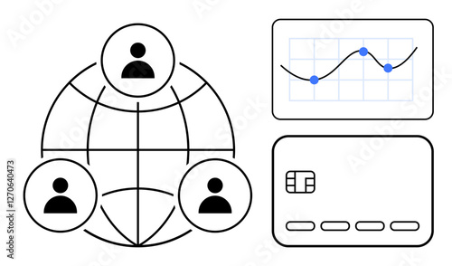 Network of people connected globally, graph analyzing data points, and digital payment card. Ideal for business, finance, communication, data analysis, networking, digital transactions global