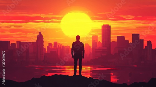 Silhouette of Man in City at Sunset with Light Flare