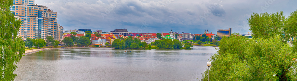 Obraz premium Travel Destinations. Panorama of MInsk City With Trinity Suburb and Svisloch River in Background. Minsk is a Capital of the Republic of Belarus.
