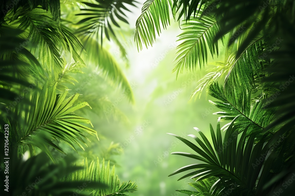 Lush jungle foliage framing sunlight, vibrant green leaves, tropical background, ideal for design Lush jungle foliage framing sunlight, vibrant green leaves, tropical background, ideal for design