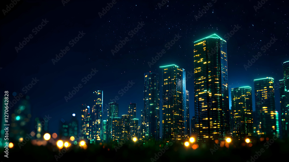 Fototapeta premium Vibrant Cityscape Shines with Warm Light Under Dark Starry Skies at Night
