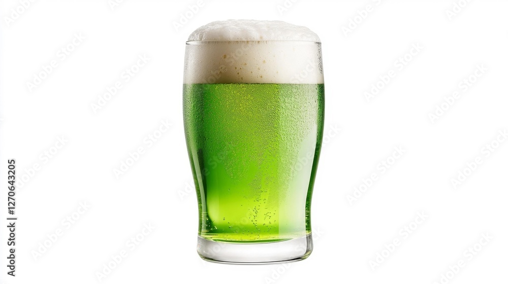 Glass of green beer with foam on white isolated background. Generative AI Glass of green beer with foam on white isolated background. Generative AI