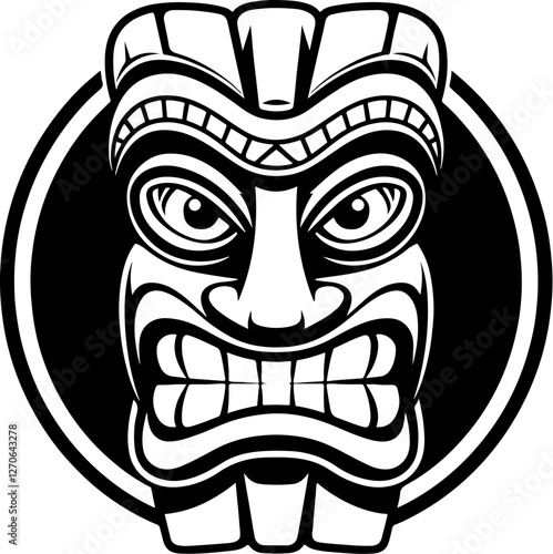 Tiki totem mask, Hawaiian indigenous vintage ritual mack.  Hawaiian totems made wood and stone for bars and resorts for paradise holidays. Vector illustration