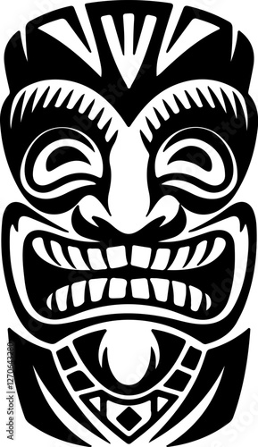 Tiki totem mask, Hawaiian indigenous vintage ritual mack.  Hawaiian totems made wood and stone for bars and resorts for paradise holidays. Vector illustration