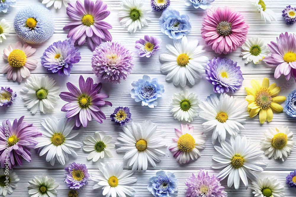 Colorful flowers arranged on a white wooden surface Colorful flowers arranged on a white wooden surface