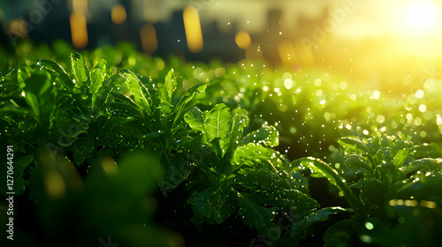 Rows of Green Leafy Plants in a Field with Golden Sunlight Creating a Warm and Inviting Rural Scenery