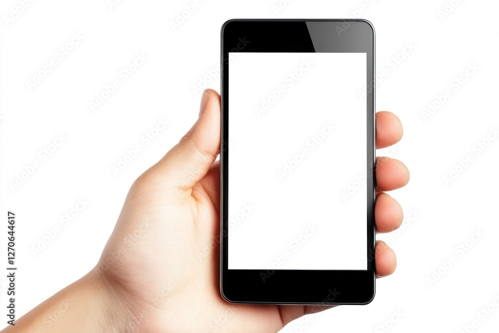 Hand holding a smartphone with blank screen display Hand holding a smartphone with blank screen display