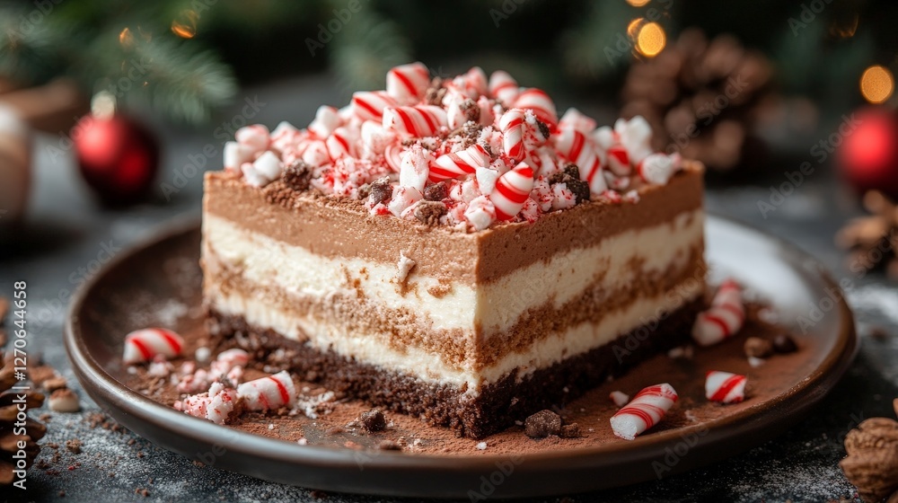 A festive chocolate dessert topped with peppermint candies, perfect for holiday celebrations. A festive chocolate dessert topped with peppermint candies, perfect for holiday celebrations.