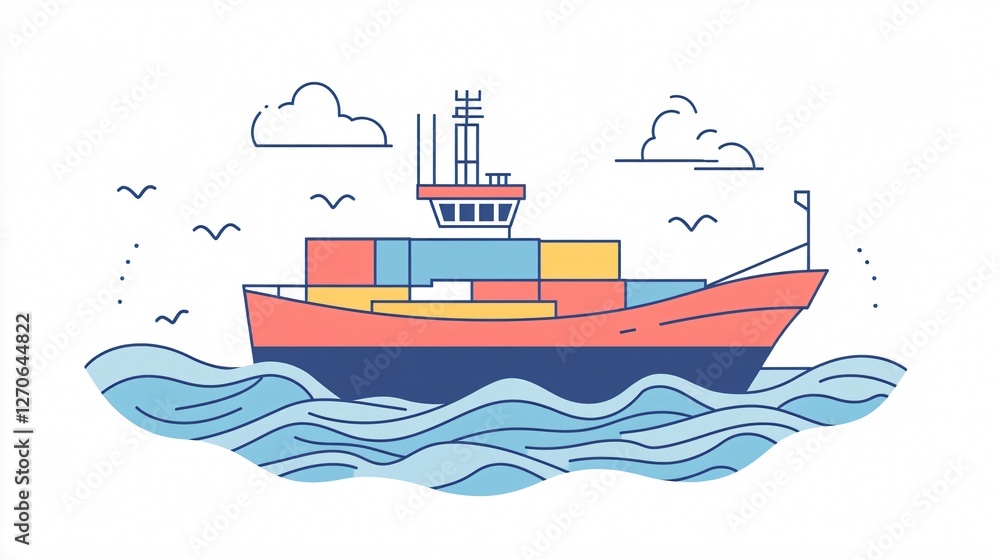 Small Cargo Ship Floating on Azure Mediterranean Sea Illustration Small Cargo Ship Floating on Azure Mediterranean Sea Illustration