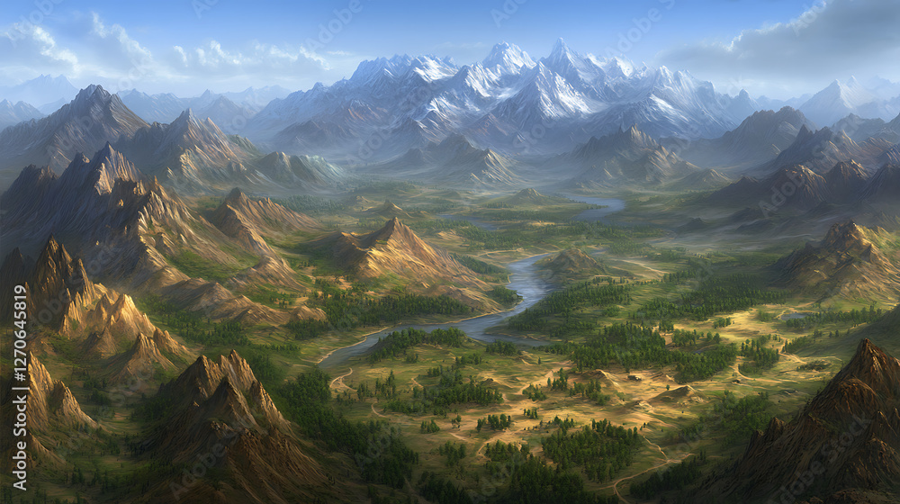 Fototapeta premium Expansive Valley River Surrounded by Jagged Peaks and Distant Snowy Mountains Landscape View