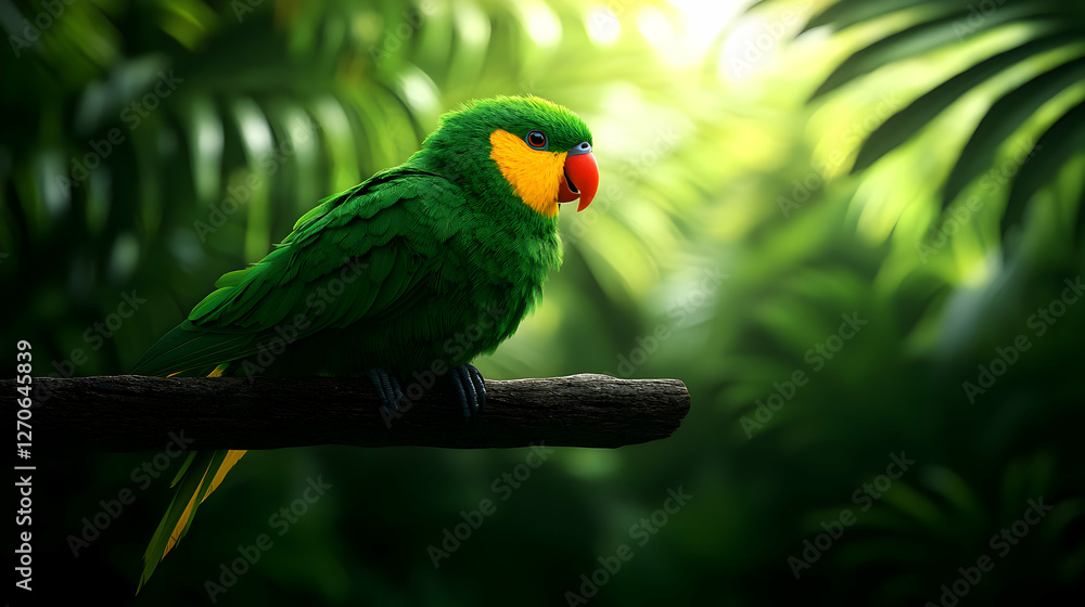 Obraz premium Vibrant Green Parrot Perched on a Branch in a Lush Tropical Rainforest with Bright Sunny Backdrop